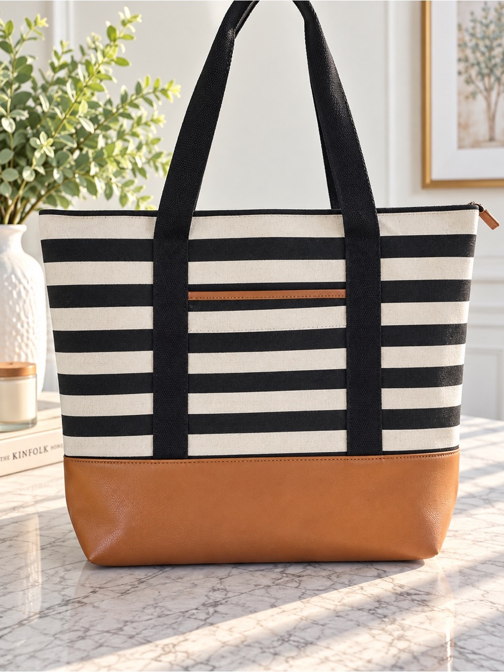 DSW Black & White Striped Large Tote Bag